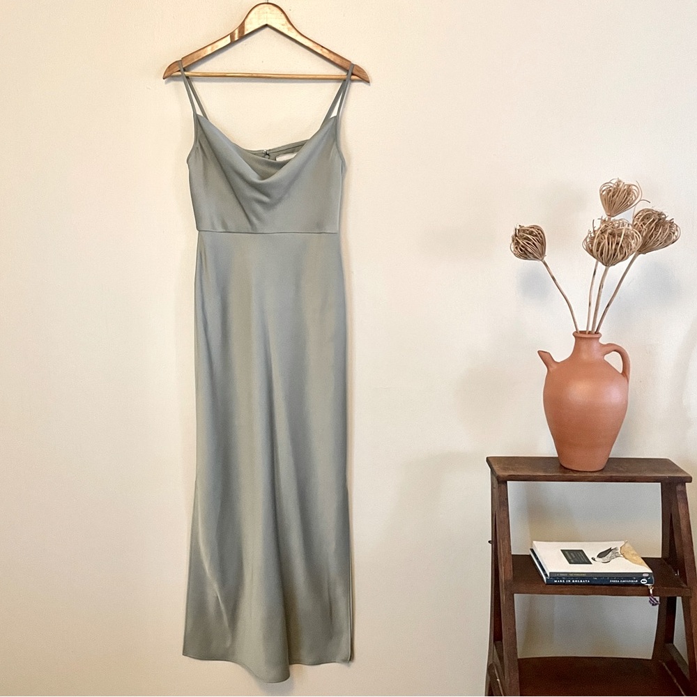 BHLDN Anthropologie Cali Satin Charmeuse Bridesmaid Midi Dress | Moss | Sz 4